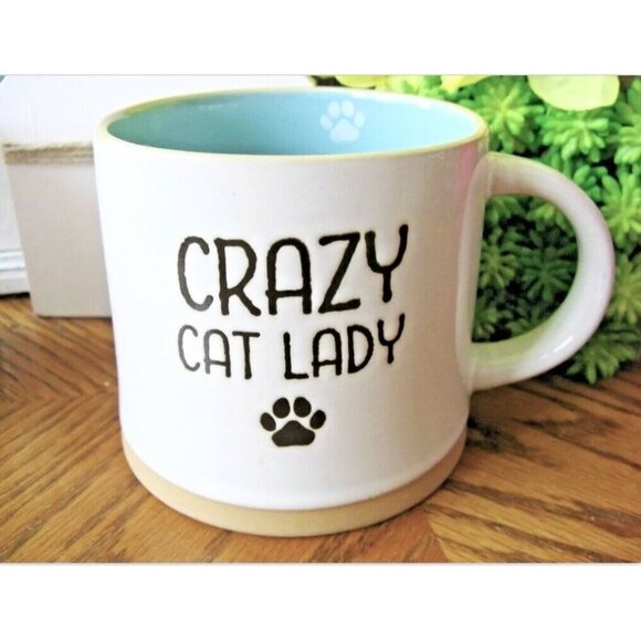 New XL Crazy Cat Lady Cream w/ Blue Interior Fun Ceramic Coffee Tea Mug Cup 16oz - Picture 1 of 9